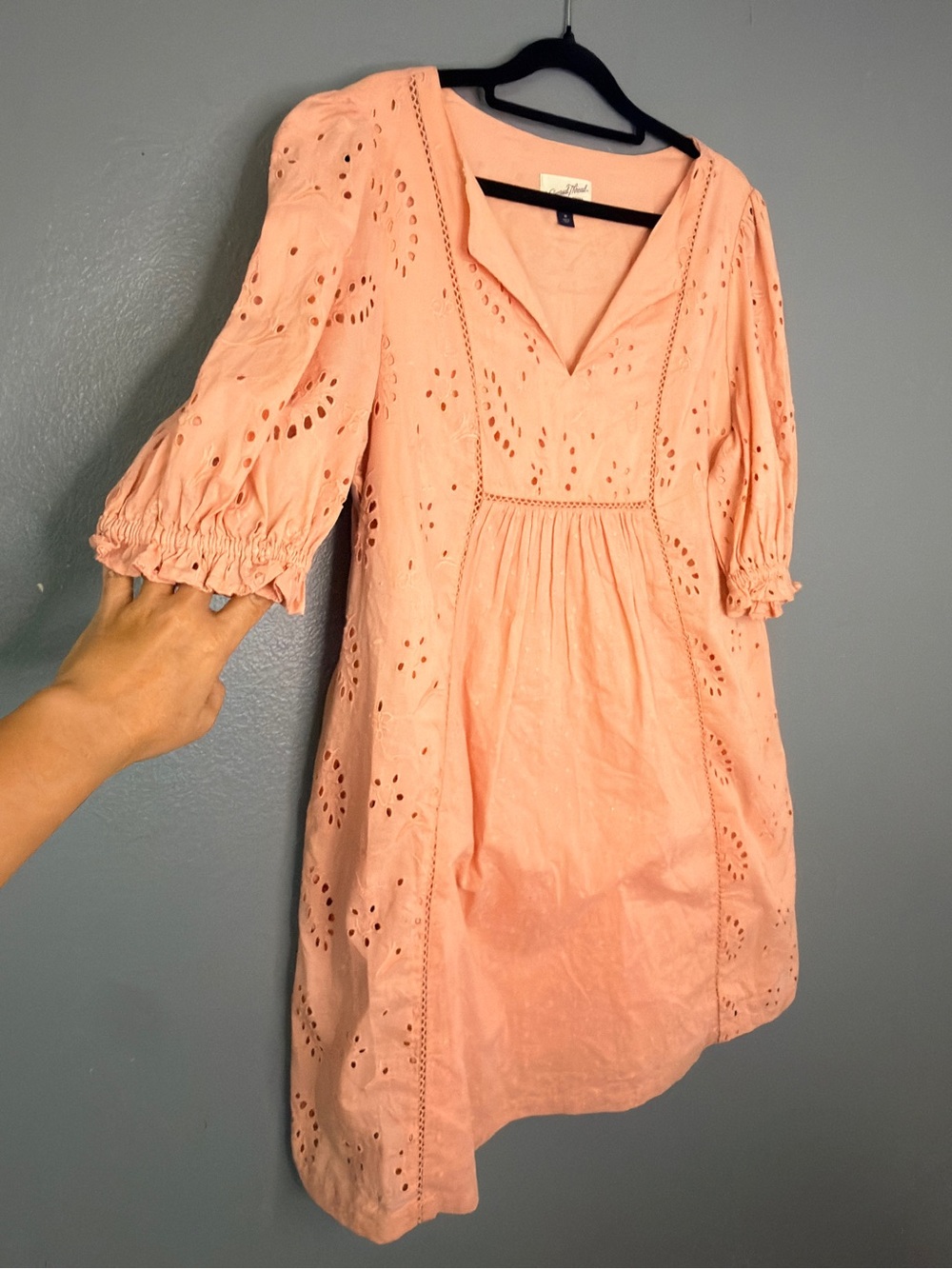 Peach Pink Cotton Eyelet V-Neck Midi Dress with Puff Sleeves Cottagecore Medium
